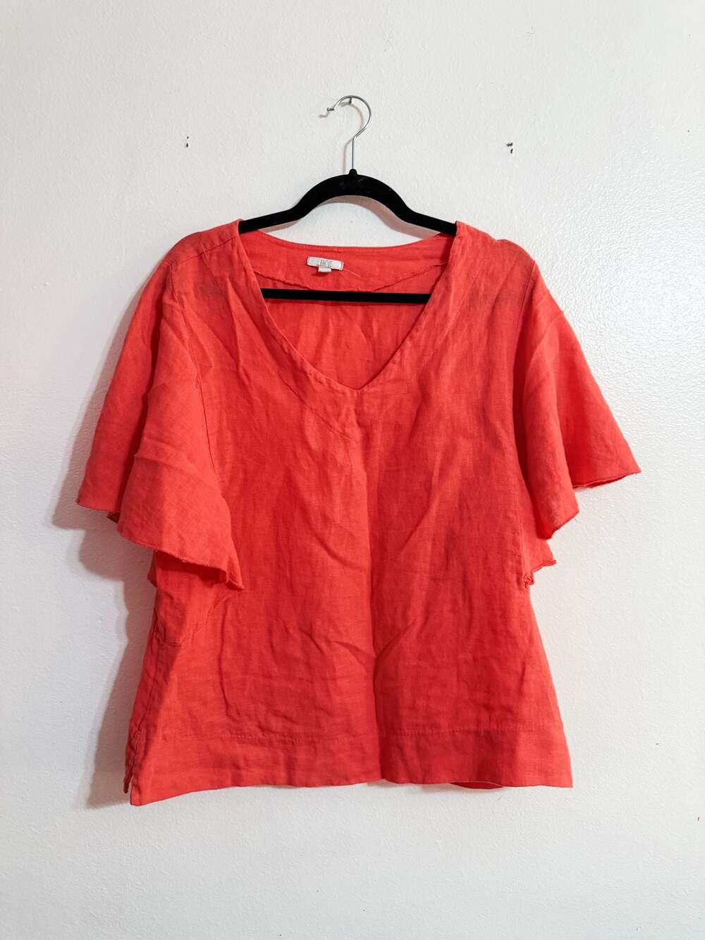 Kaktus Orange Red 100% Linen V-Neck Flutter Sleeve Blouse Top Size L